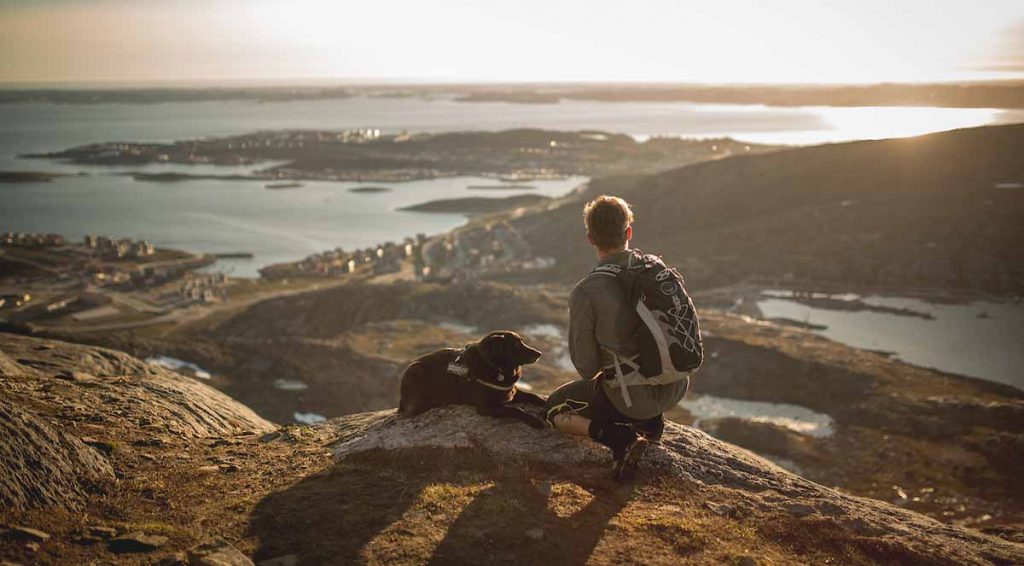 a_traveller_and_his_dog_hiking_and_enjoying_the_city_view_of_nuuk